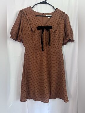 NWOT Blu Pepper Brown Polka Dot Mini Dress with Velvet Bow